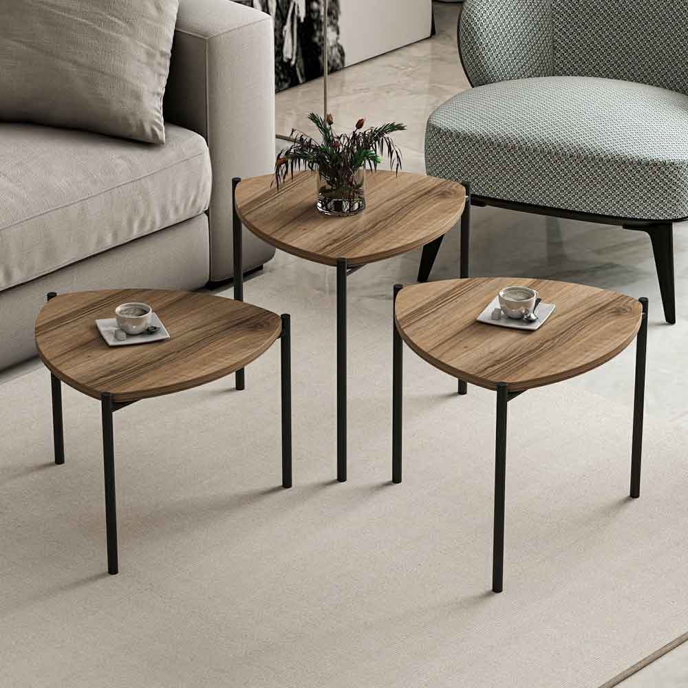Kingsley Triangle Wooden Nest of 3 Side Table with Metal Legs in Walnut