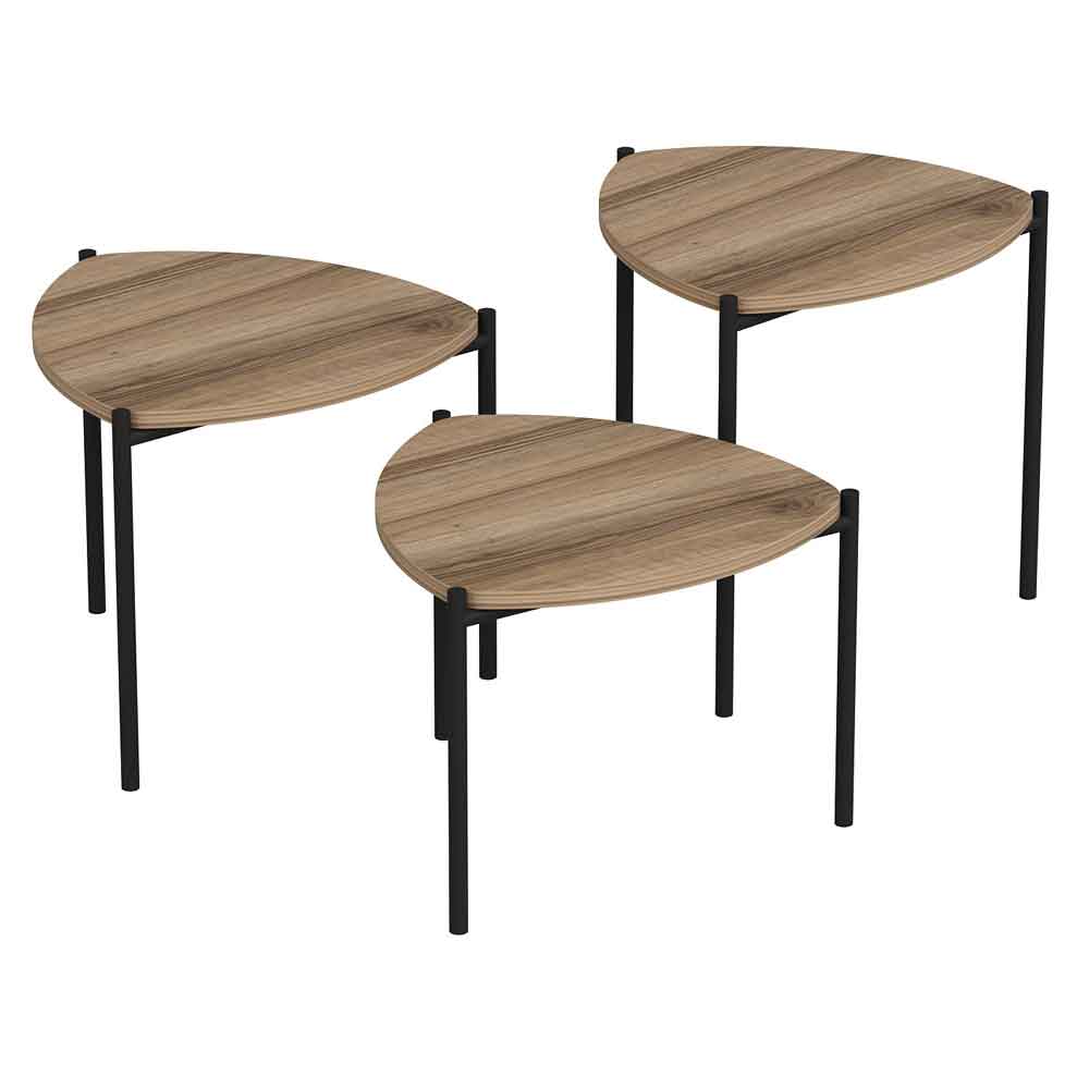 Kingsley Triangle Wooden Nest of 3 Side Table with Metal Legs in Walnut