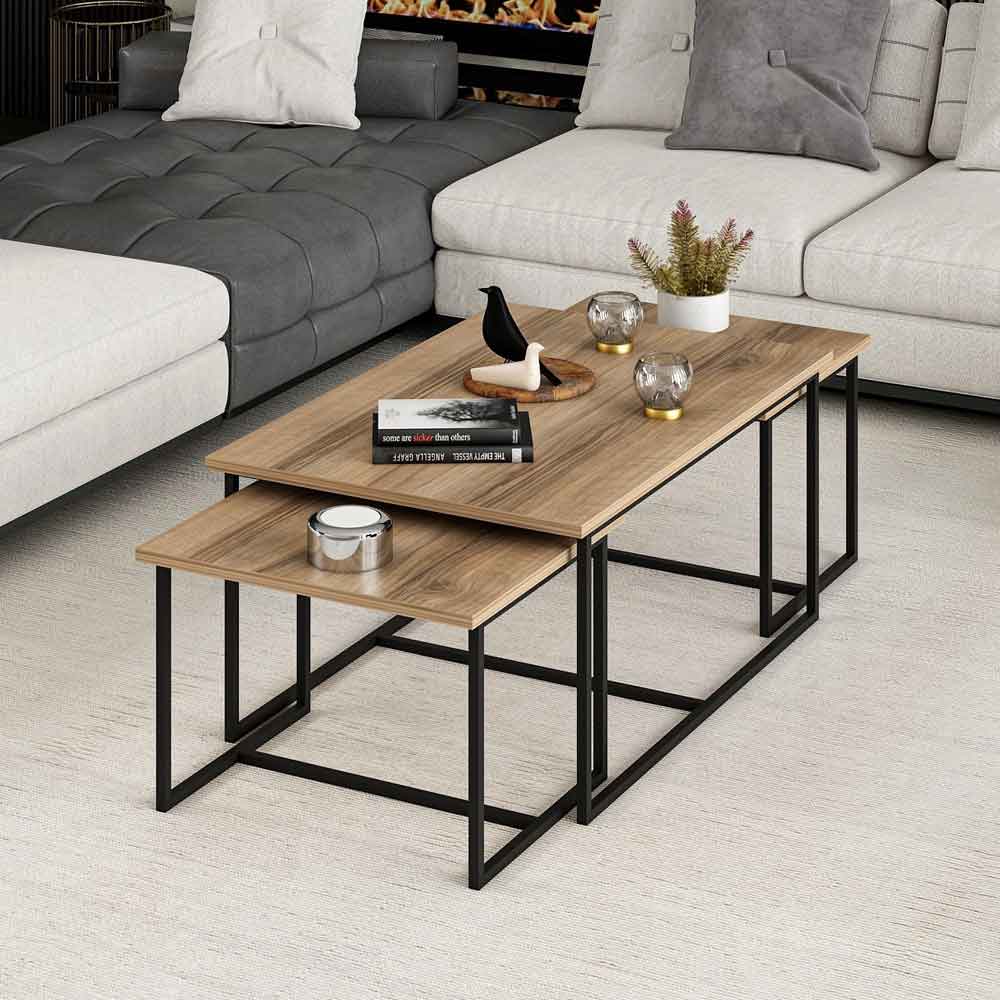 Kingsley Wooden Nest of 3 Coffee Table with Metal Frame in Walnut