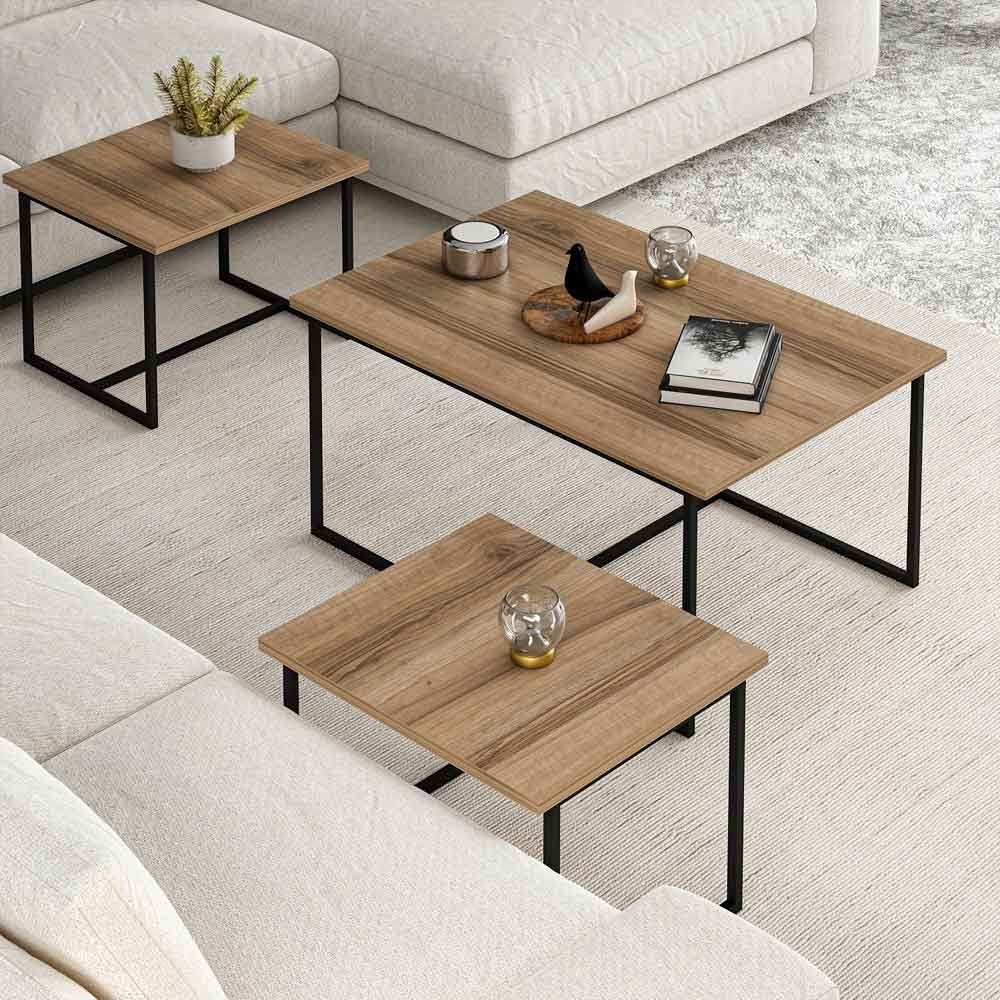 Kingsley Wooden Nest of 3 Coffee Table with Metal Frame in Walnut