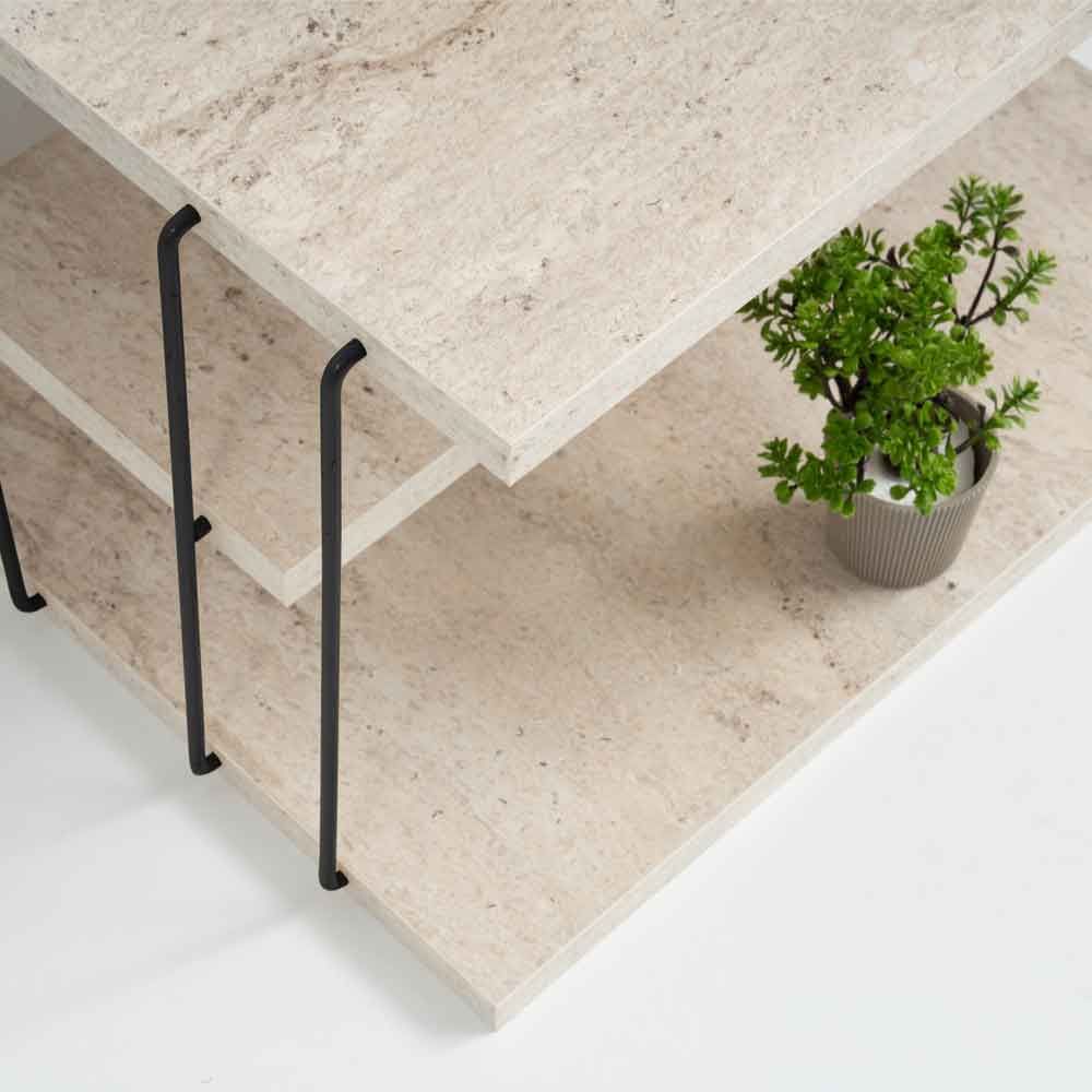 Kingsley Wooden Side Table with Black Metal Frame in Travertine Marble Effect
