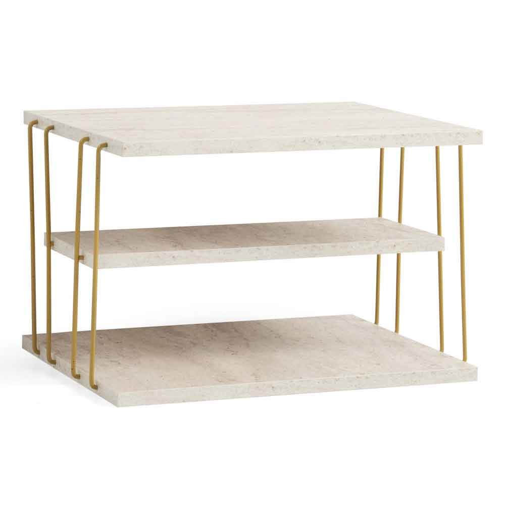Kingsley Wooden Side Table with Gold Metal Frame in Travertine Marble Effect