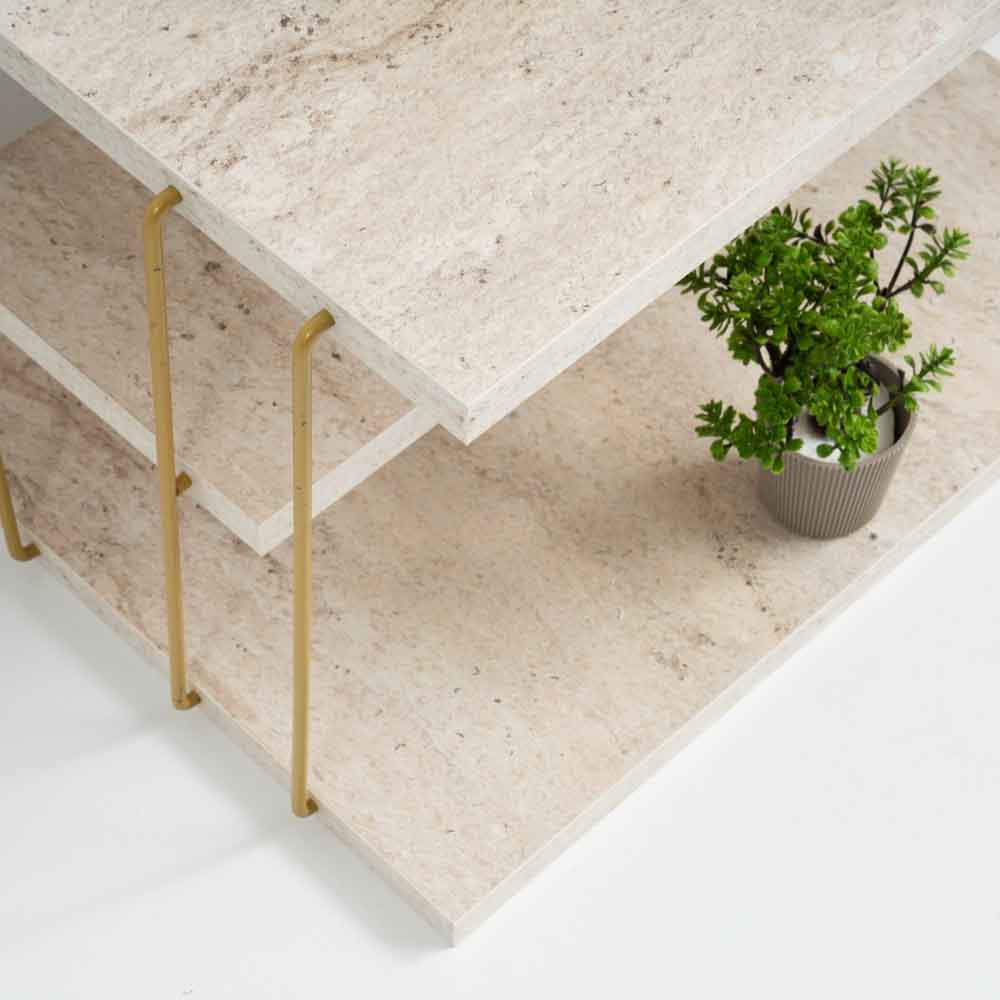 Kingsley Wooden Side Table with Gold Metal Frame in Travertine Marble Effect