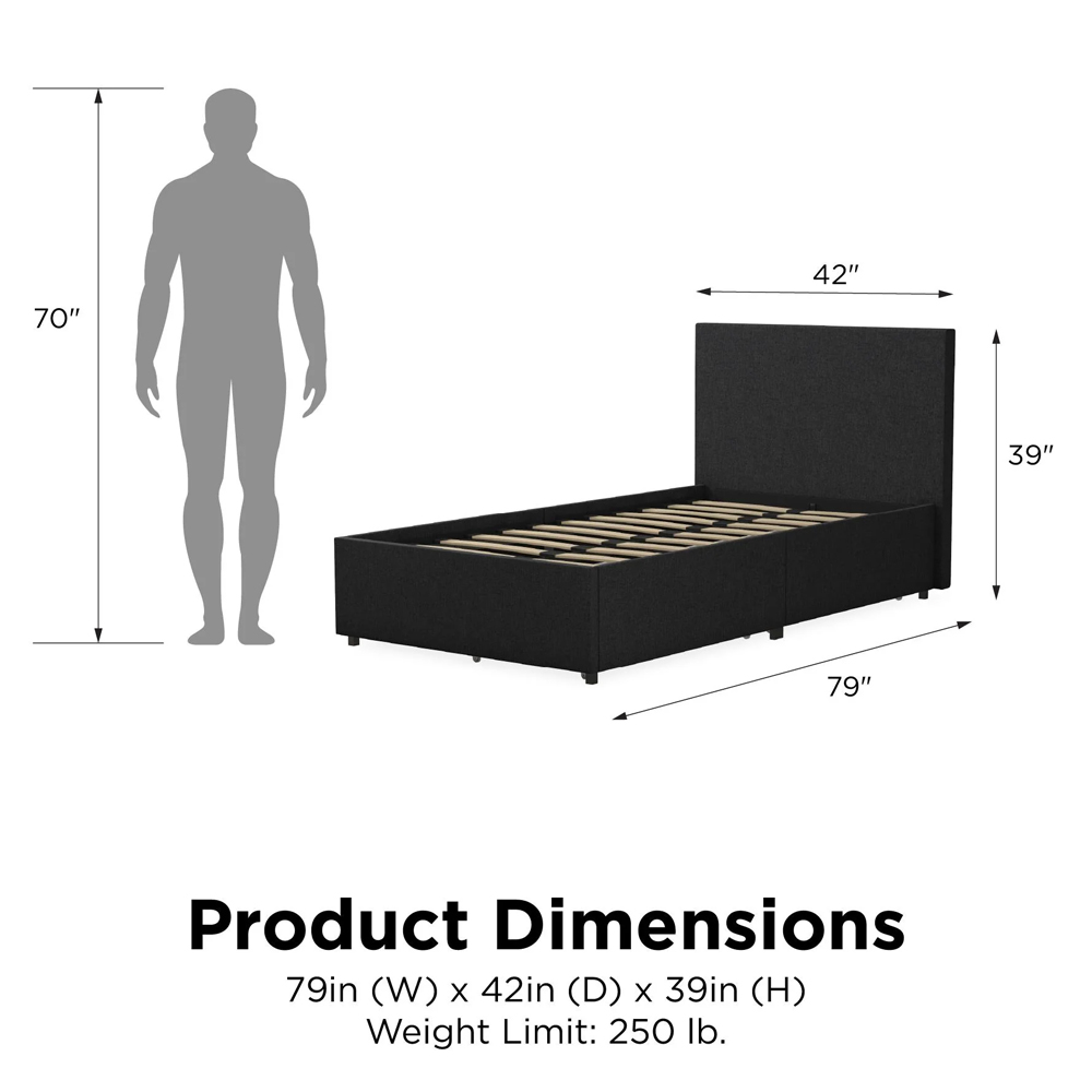 Kingston Fabric Single Bed With 2 Drawers In Dark Grey