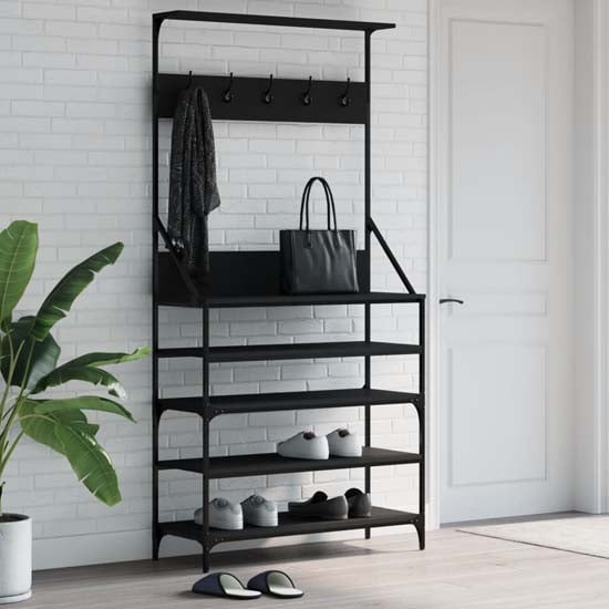 Product photograph of Kinston Wooden Clothes Rack With Shoe Storage In Black from Furniture in Fashion