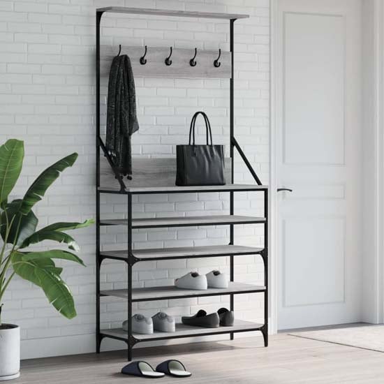 Read more about Kinston wooden clothes rack with shoe storage in grey sonoma oak