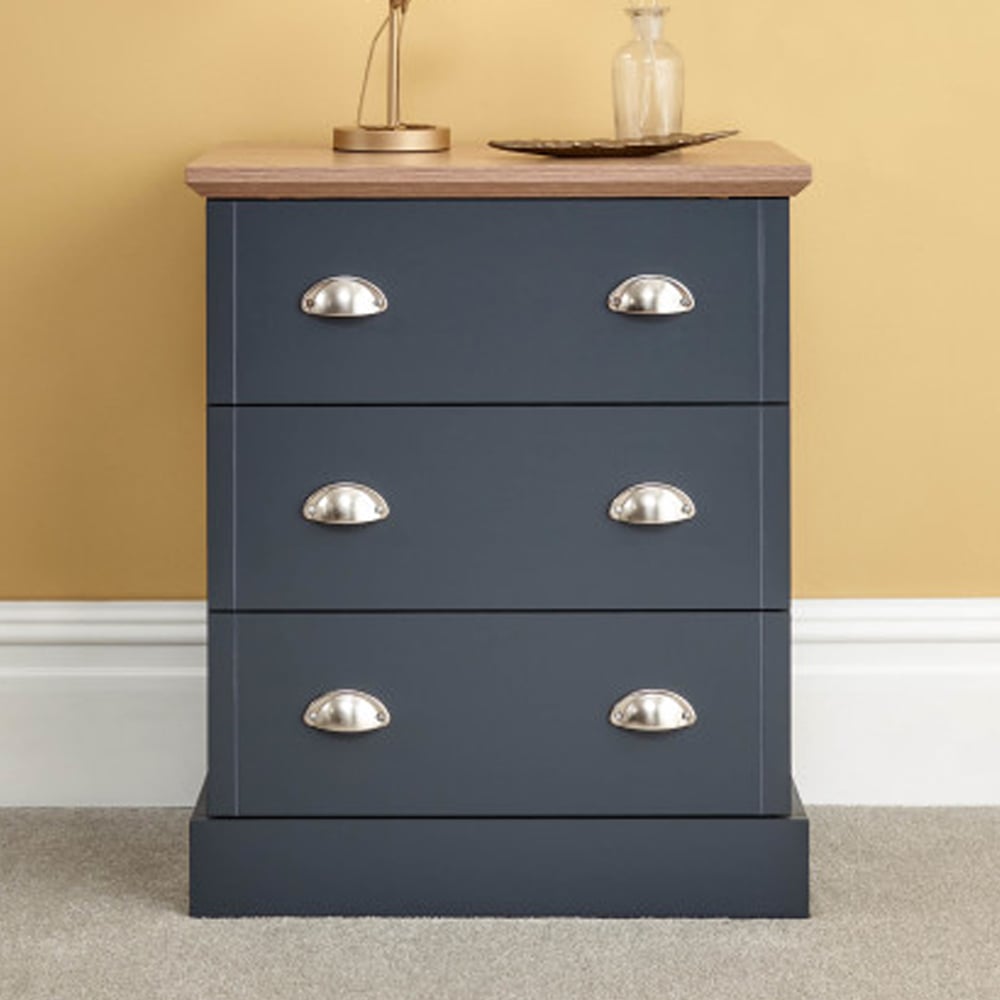 Kirkby Wooden Chest Of 3 Drawers In Slate Blue And Oak