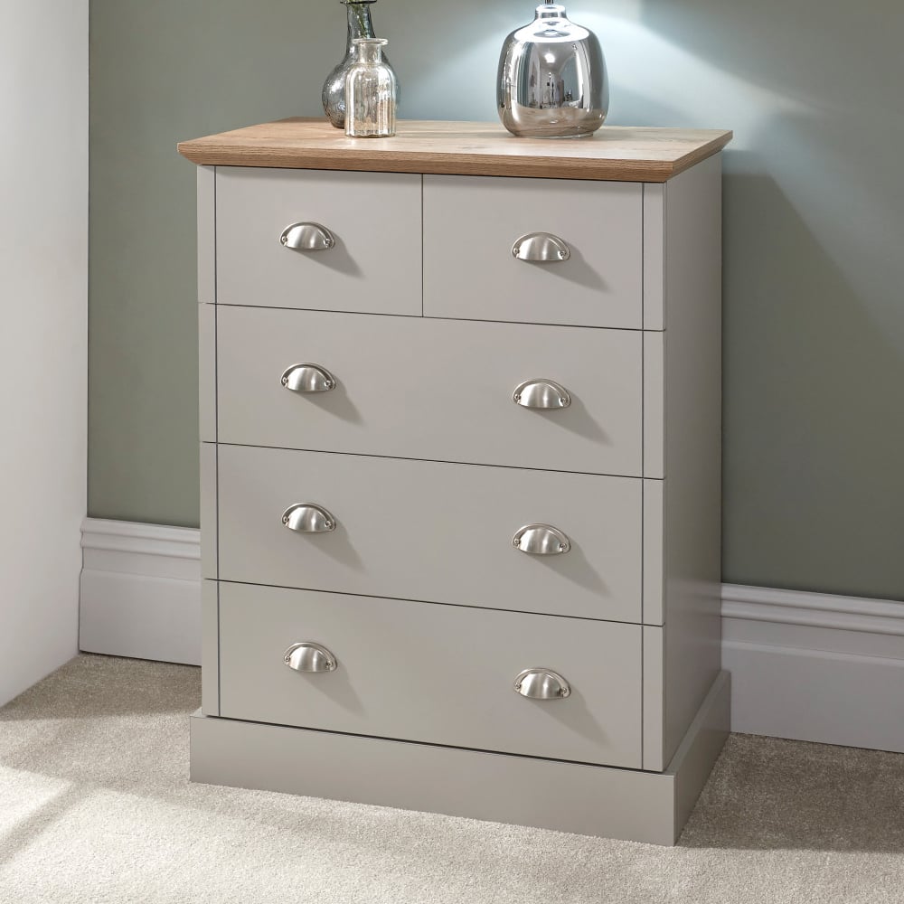 Kirkby Wooden Chest Of 5 Drawers In Grey And Oak