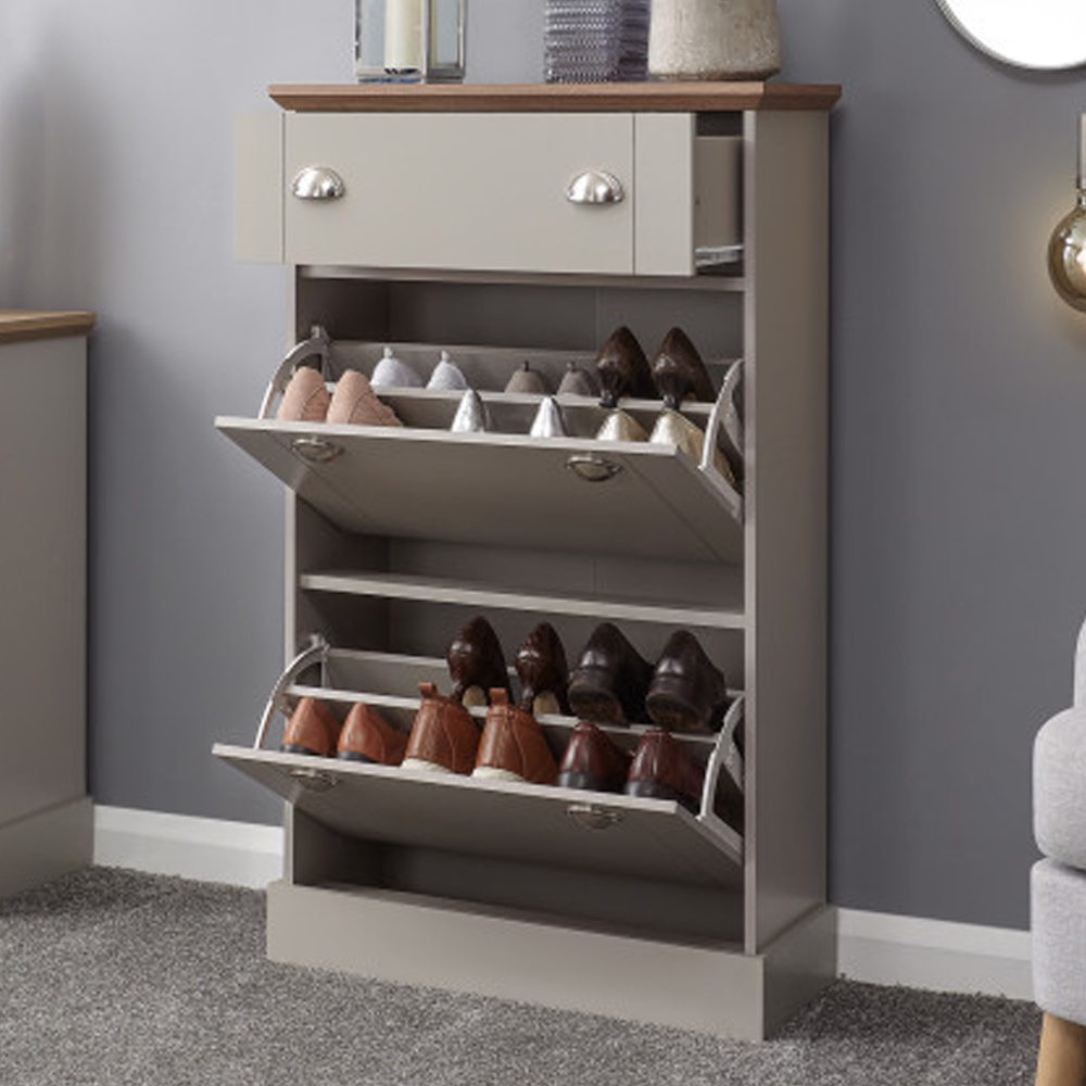 Kirkby Wooden Shoe Cabinet With 2 Flap Doors In Grey And Oak
