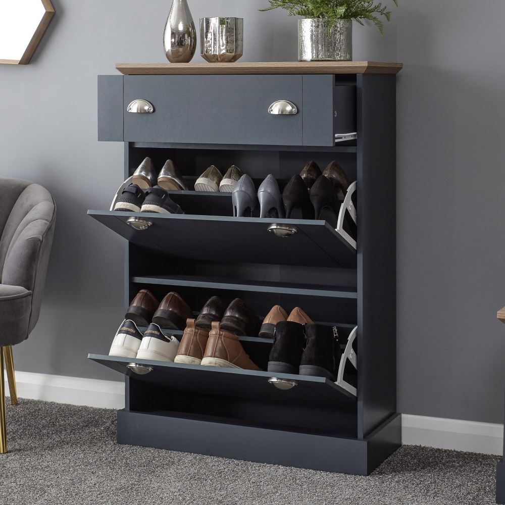 Kirkby Wooden Shoe Cabinet With 2 Flap Doors In Slate Blue And Oak