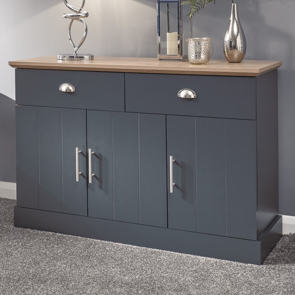 Kirkby Wooden Sideboard 3 Doors 2 Drawers In Slate Blue And Oak