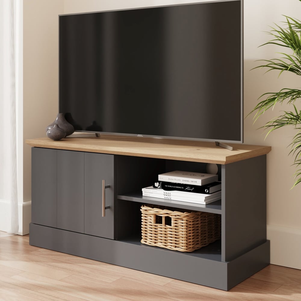Kirkby Wooden TV Stand With 1 Door In Slate Blue And Oak