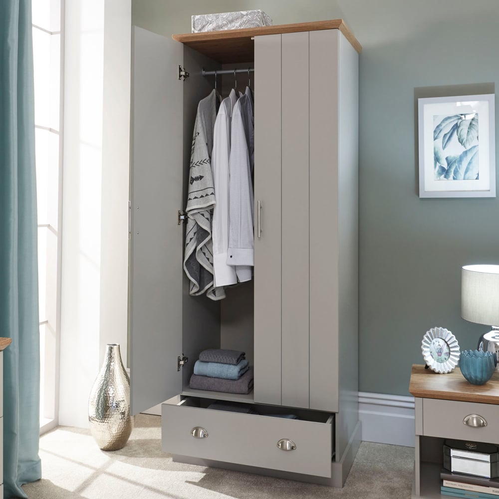 Kirkby Wooden Wardrobe With 2 Doors 1 Drawer In Grey And Oak