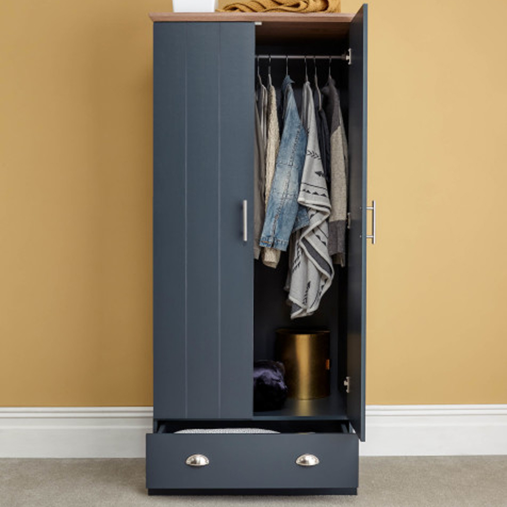 Kirkby Wooden Wardrobe With 2 Doors 1 Drawer In Slate Blue And Oak