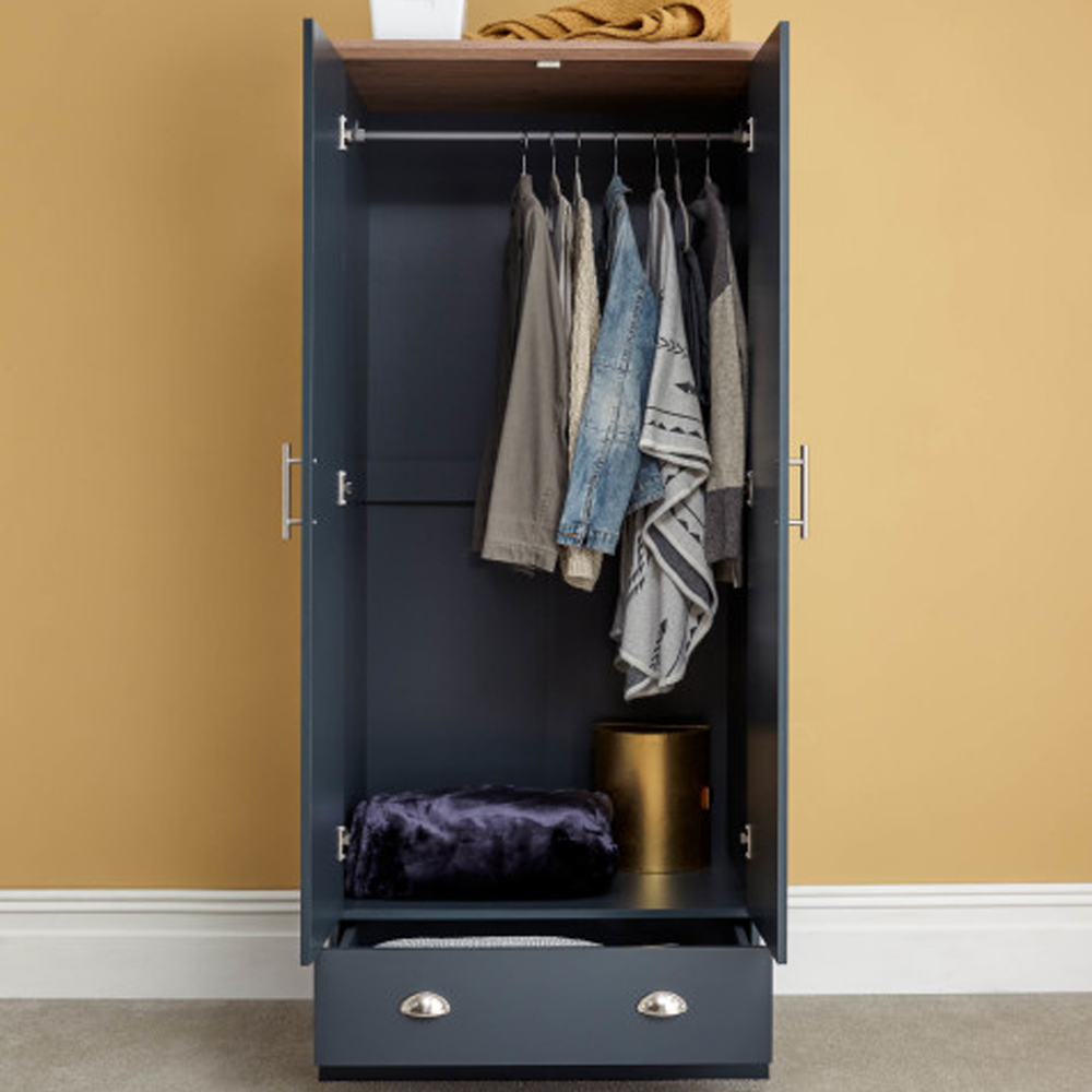 Kirkby Wooden Wardrobe With 2 Doors 1 Drawer In Slate Blue And Oak