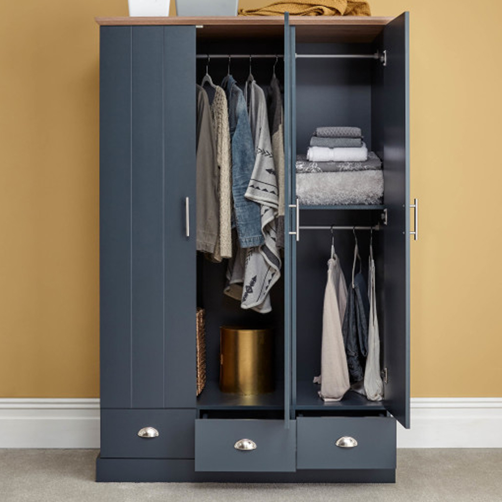 Kirkby Wooden Wardrobe With 3 Doors 3 Drawers In Slate Blue And Oak