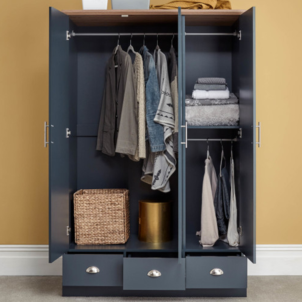 Kirkby Wooden Wardrobe With 3 Doors 3 Drawers In Slate Blue And Oak