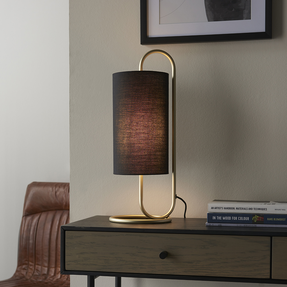 Read more about Kirkland cylindrical black fabric shade table lamp in brass