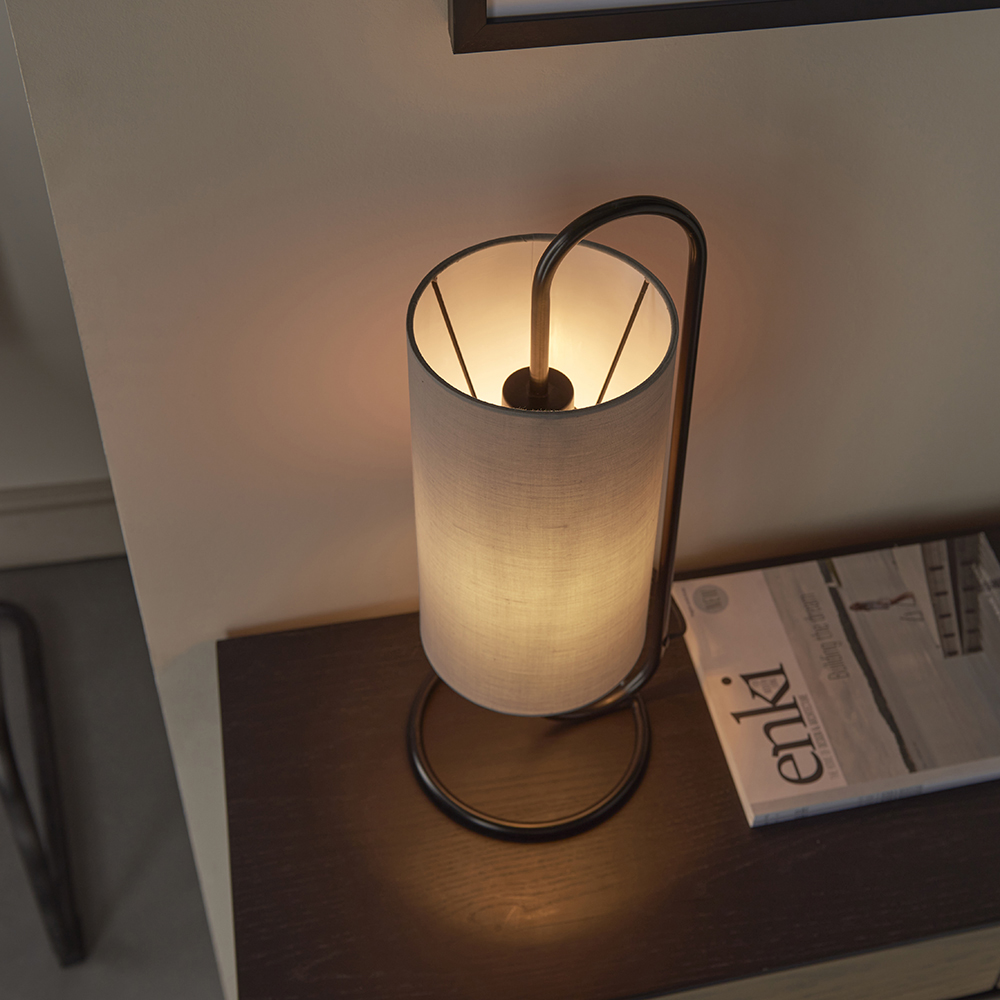 Kirkland Cylindrical Grey Fabric Shade Table Lamp In Matt Black