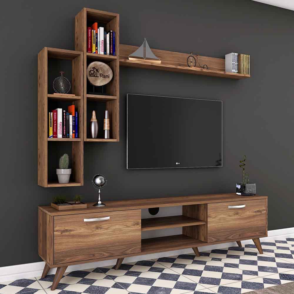 Kiyomi Wooden Entertainment Units with Bookshelf in Walnut