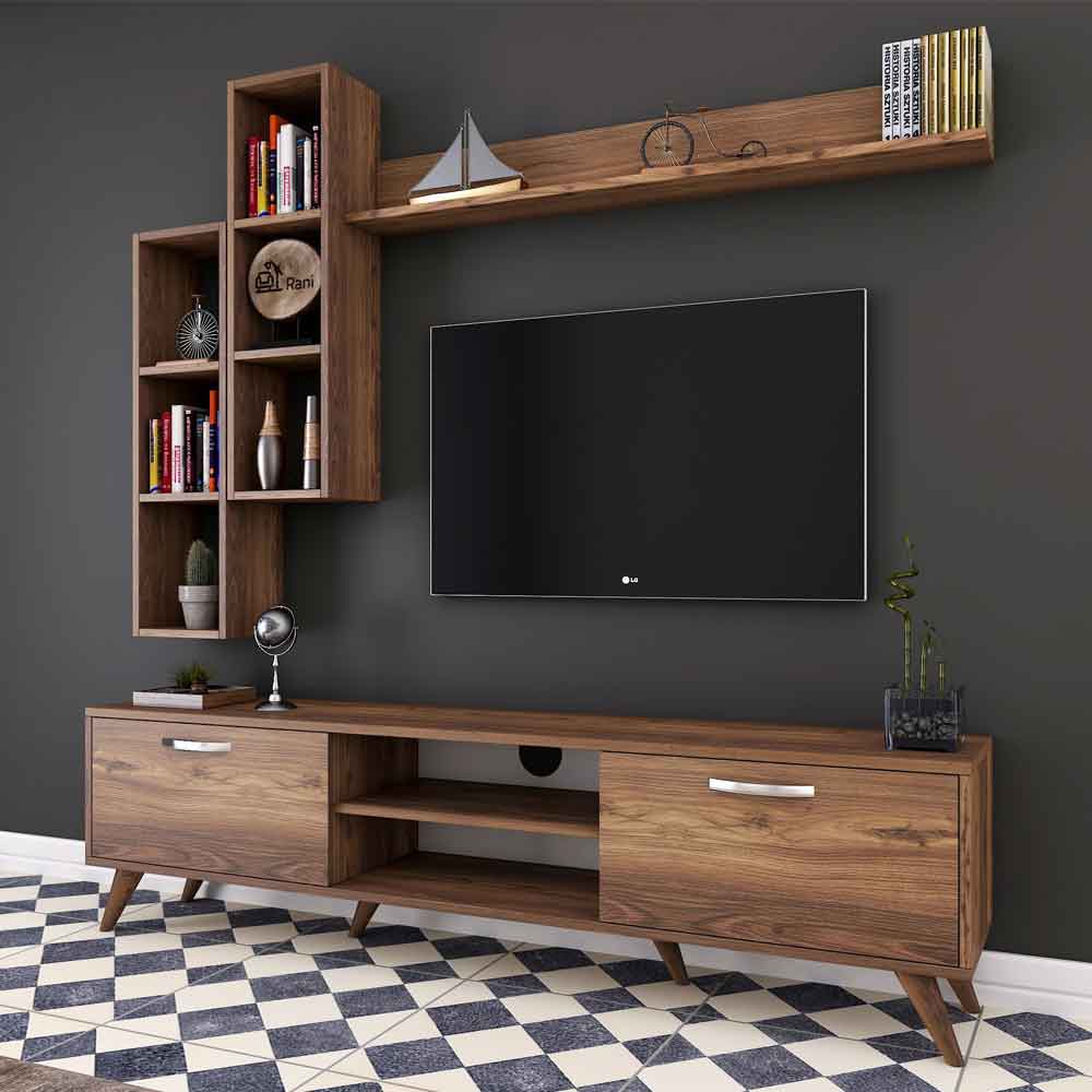 Kiyomi Wooden Entertainment Units with Bookshelf in Walnut