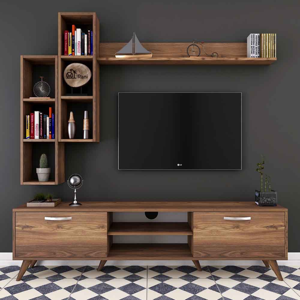 Kiyomi Wooden Entertainment Units with Bookshelf in Walnut