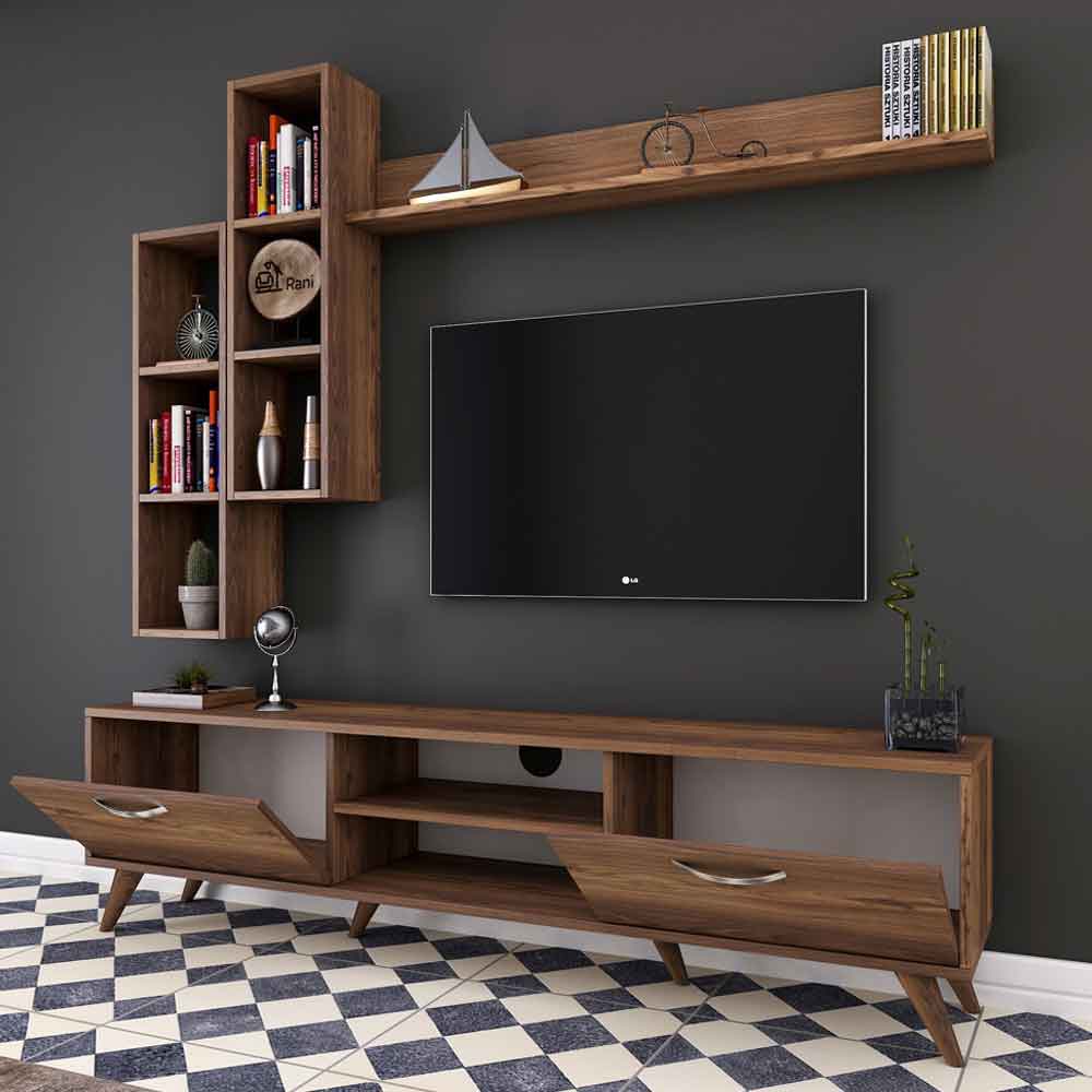 Kiyomi Wooden Entertainment Units with Bookshelf in Walnut