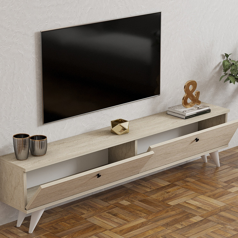 Kiyomi Wooden TV Stand with Plastic Legs in Travertine Marble Effect