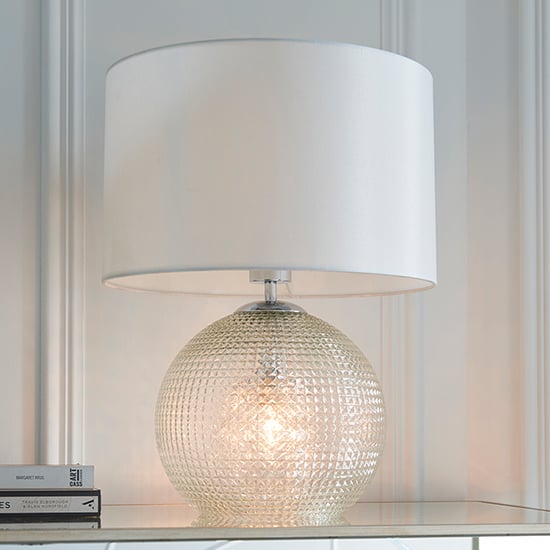 Product photograph of Knighton 2 Lights White Shade Table Lamp In Clear Glass Base from Furniture in Fashion