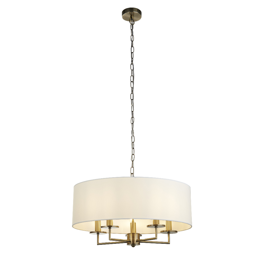 Read more about Knightsbridge 5 light white shade pendant light in antique brass