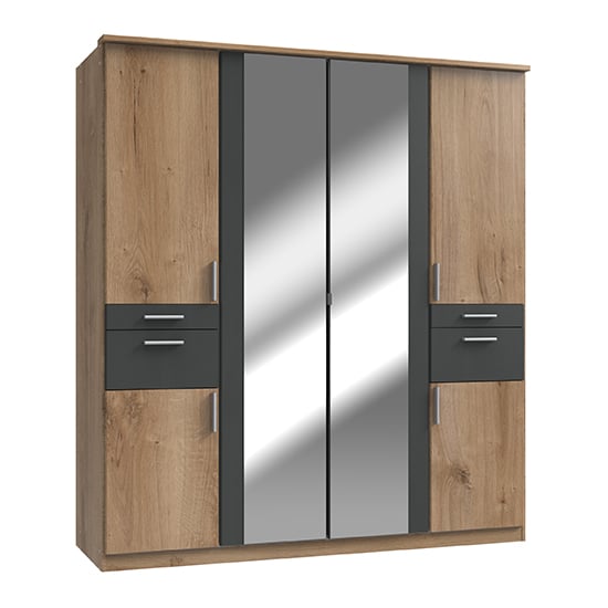 Koblenz Mirrored Wide Wardrobe In Graphite And Planked Oak
