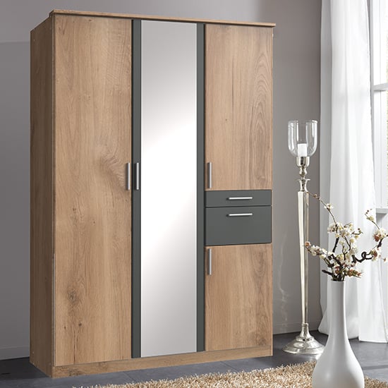 Read more about Koblenz mirrored wide wardrobe in planked oak and graphite