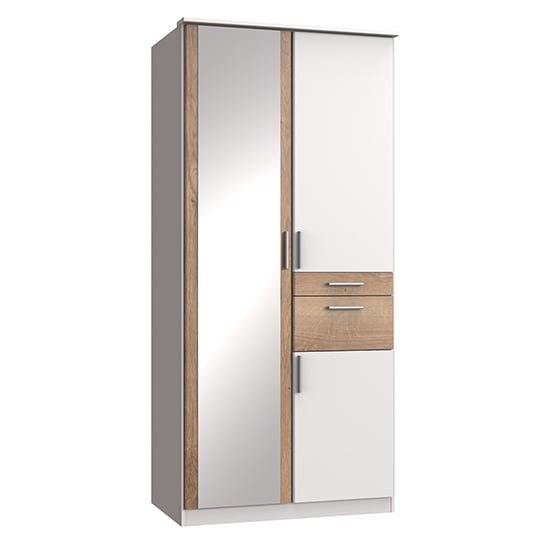 Koblenz Mirrored Wooden Wardrobe In White And Planked Oak
