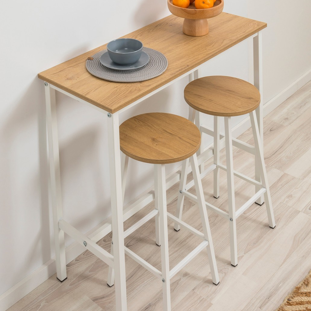 Kohana Rectangular Wooden Bar Table with 2 Stools in White and Oak