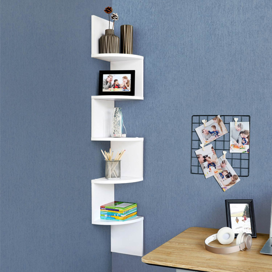 Kokomo Corner Wooden Wall Hung Zigzag Design Bookshelf In White | FiF