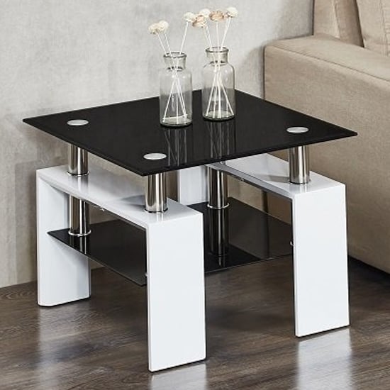 Kontrast Black Glass Side Table With White High Gloss Legs