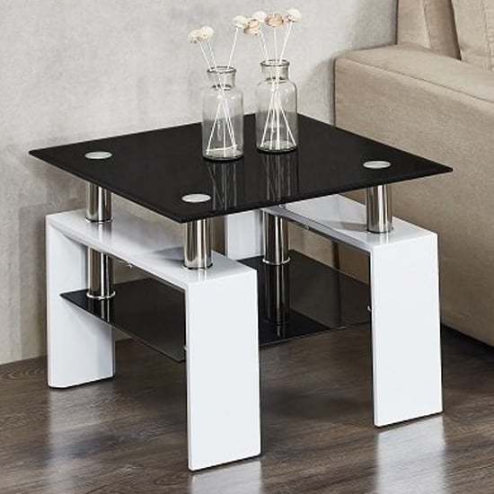 Photo of Kontrast black glass side table with white high gloss legs