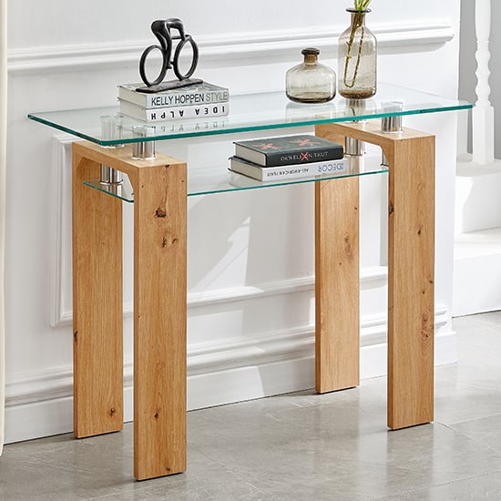Read more about Kontrast glass top console table with undershelf in wooden legs