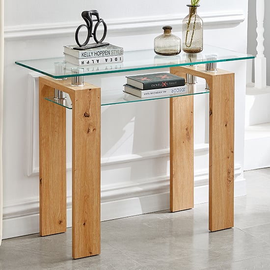 Photo of Kontrast glass top console table with undershelf in wooden legs