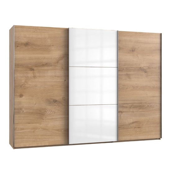 Read more about Koyd mirrored sliding wardrobe in white and planked oak 3 doors