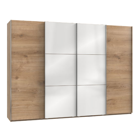 Read more about Koyd mirrored sliding wardrobe in white and planked oak 4 doors
