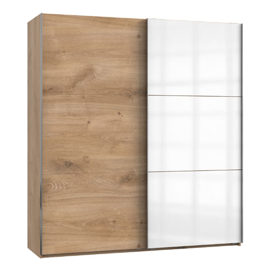 Read more about Koyd mirrored sliding wardrobe in white and planked oak