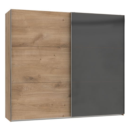 Read more about Koyd mirrored sliding wide wardrobe in grey and planked oak