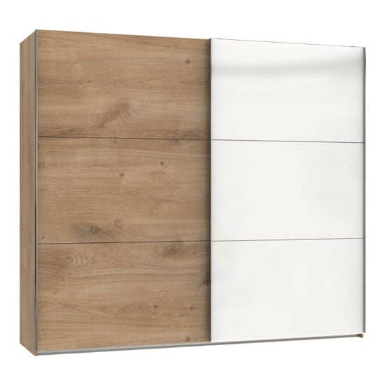 Read more about Koyd mirrored sliding wide wardrobe in white and planked oak