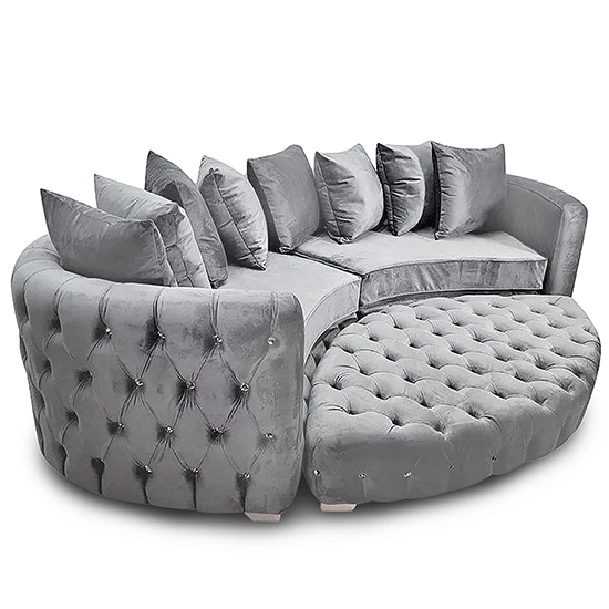 Krakow Malta Plush Velour Fabric Curved Sofa In Silver