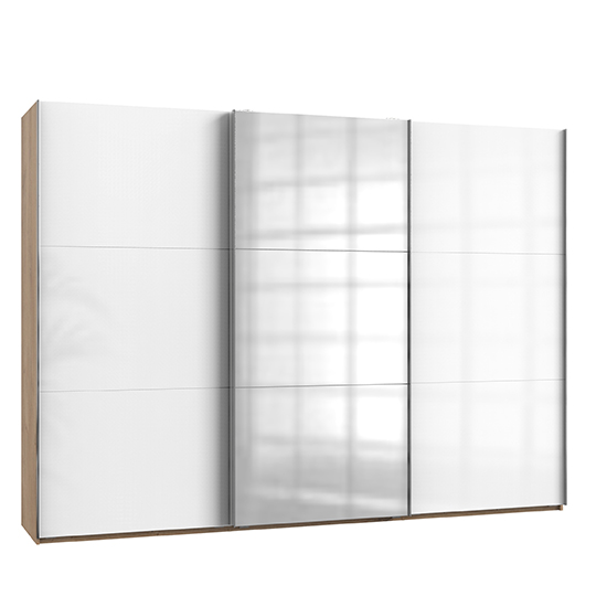 Kraz Sliding 3 Door Mirrored Wardrobe In Gloss White Planked Oak