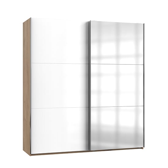Kraz Mirrored Sliding Wardrobe In Gloss White And Planked Oak