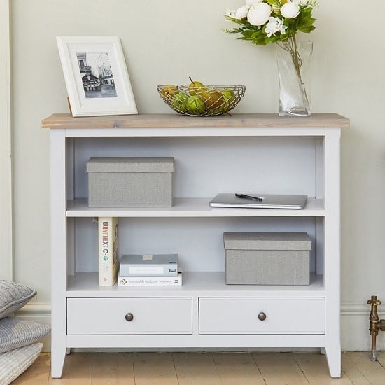 Read more about Krista wooden low bookcase in grey with 2 drawers