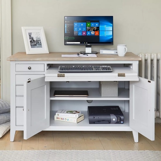 Krista Wooden Computer Desk In Grey With 2 Doors And 5 Drawers_2