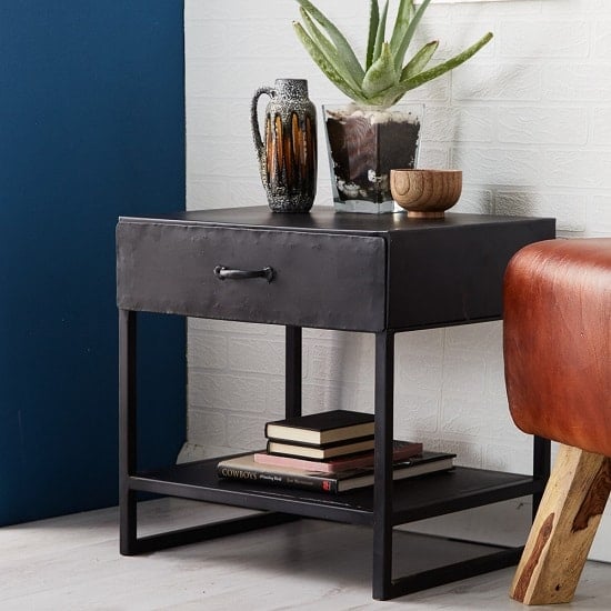 Kristel Contemporary Lamp Table In Dark Iron With 1 Drawer